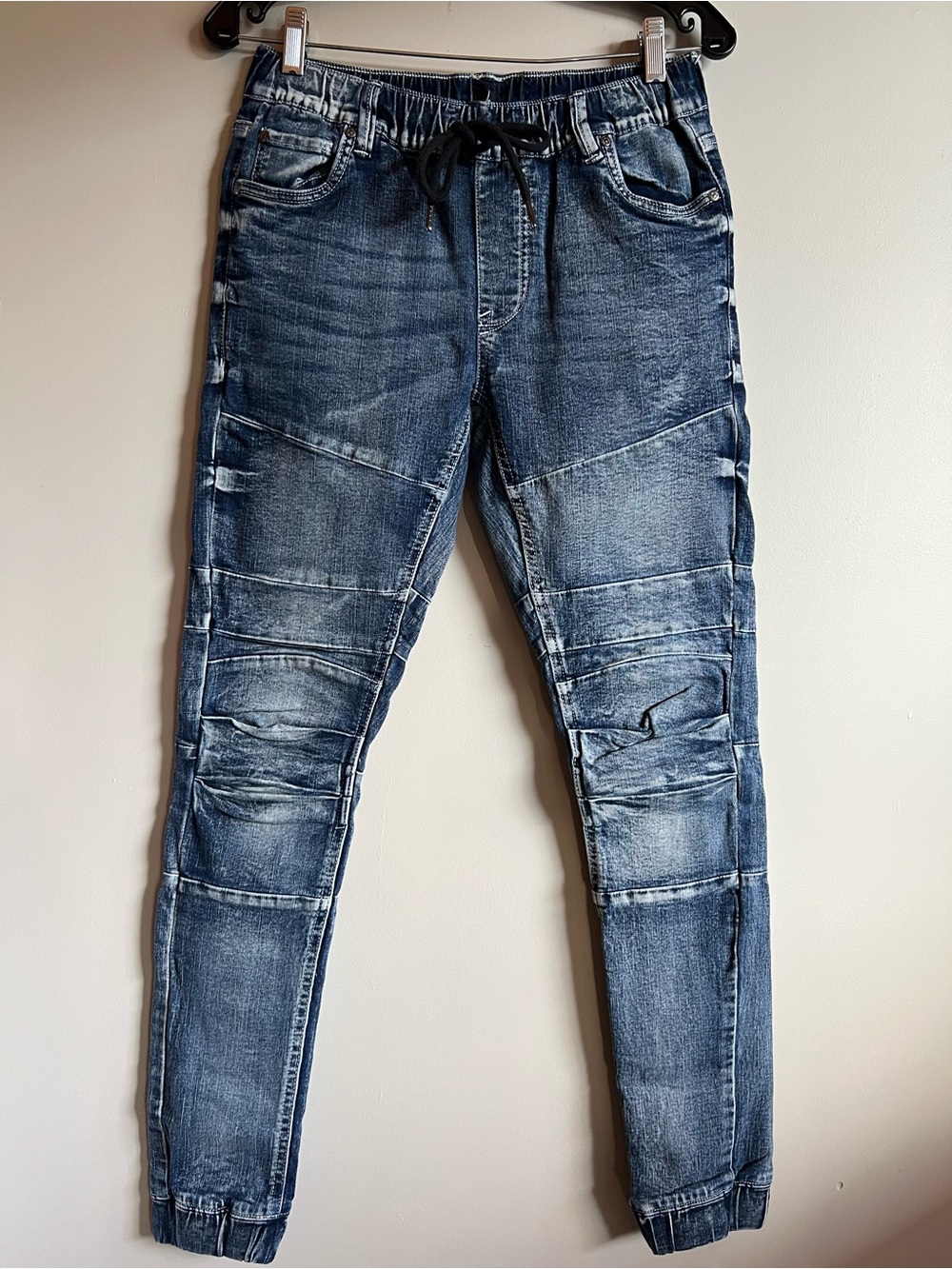 Jeanology Moto Skinny Jeans Drawstring Waist Stretch Denim Jogger Cuff Size 28